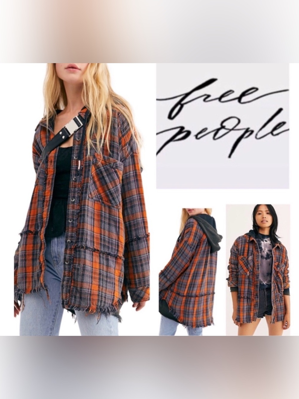 Free People We The Free Calico Basin Plaid Flannel Hoodie Large